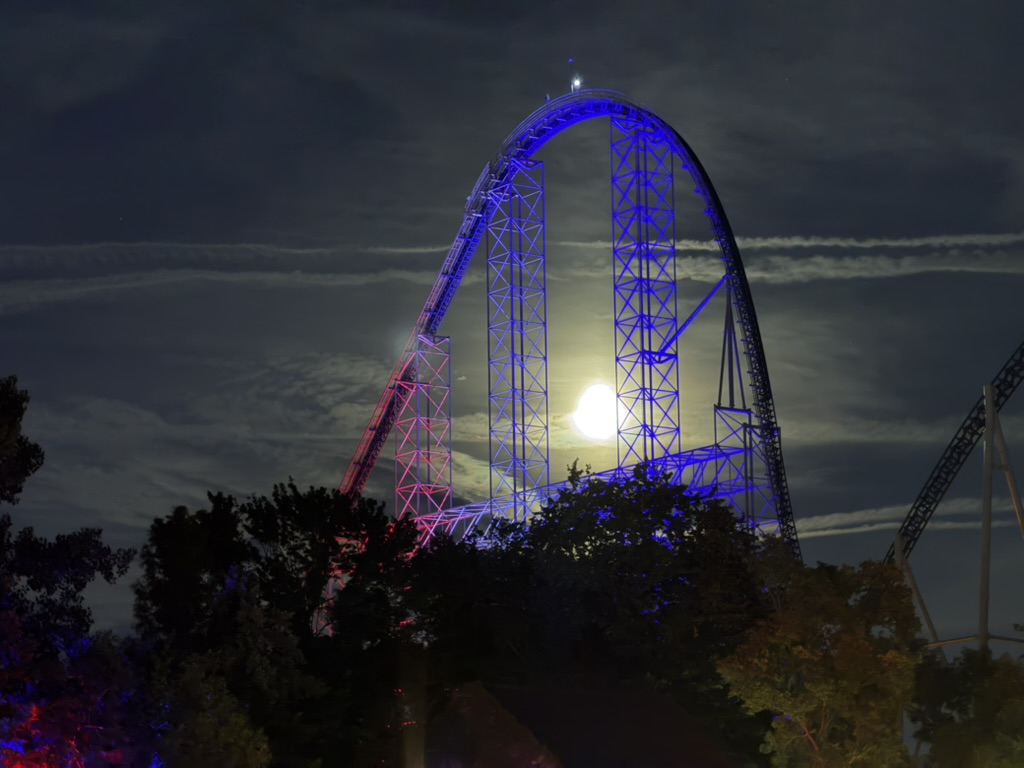 A roller coaster lit against the night sky